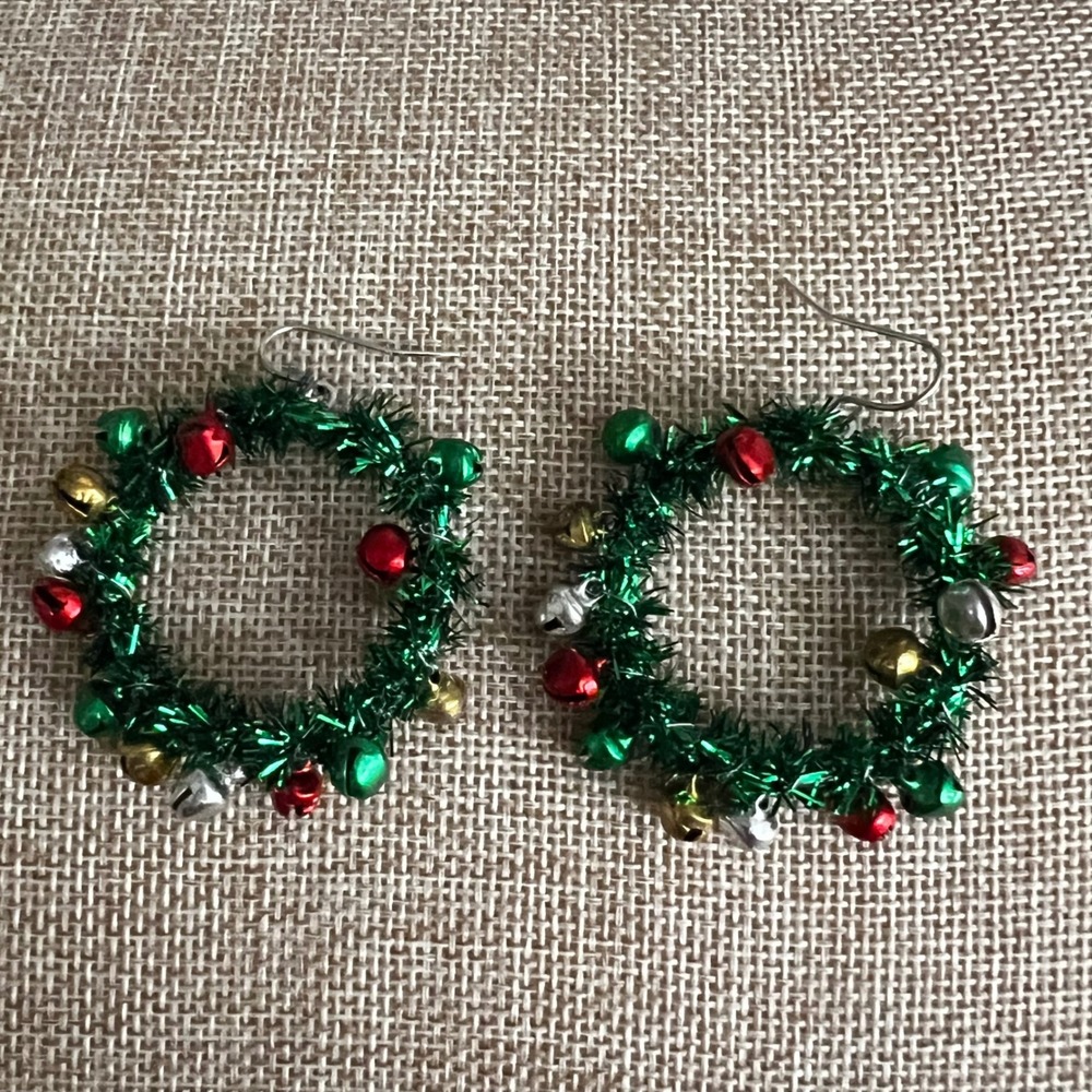 Christmas Wreath Tinsel Jingle Bell Hoop Earrings Green Red Silver Small Kitsch